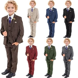 Retro Boys Slim Suits Tweed Herringbone Suit Winter Formal Kids Wedding 3 Pieces - Picture 1 of 17