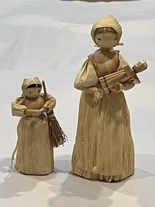 Vintage Corn Husk Dolls Mother And Daughter W/Broom And Baby Or Doll - Picture 1 of 13