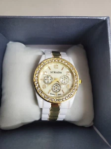 Unused Stylish Strada Men White & Gold Japan Quartz Watch Multi time B&W Band - Picture 1 of 1
