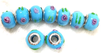 Set of 9 Raised Pink Blue Flower Murano Lampwork European Glass Beads — 第 1/2 张图片