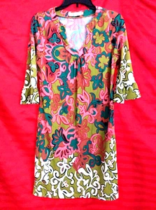 WOMEN'S SZ S FLORAL RETRO BOHO MINI DRESS DROP NECK FLARE SLEEVES MOD 60'S - Picture 1 of 8