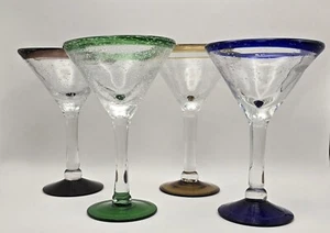 (4) Mexican Hand Blown Margarita / Martini glasses Clear Different Colors - Picture 1 of 11