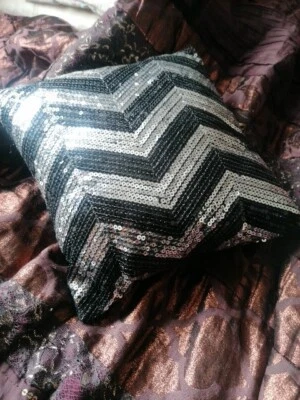Decorative Small Couch Cushion - Elegant Black Silver Sequin Art Deco Style  - Image 1 of 4
