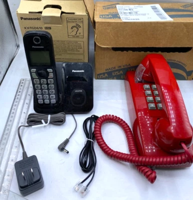 Cortelco Panasonic Lot of  Red Corded Wall Phone 25547-VBA-20M, PAN-KX-TGD510B - Image 1 of 4