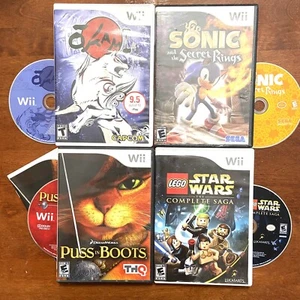 Wii Games Lot Of 4 Okami, Sonic & Secret Rings, Lego Star Wars, Puss in Boots - Picture 1 of 13