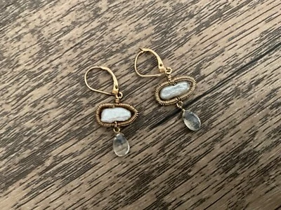 Womens Bronze earrings  with mother of pearls and grey quartz, pre-owned - Image 1 of 2