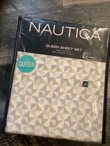 Nautica Claredon Queen Sheet Set White gray beige 100% Cotton 300 thread New - Picture 1 of 5