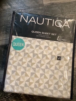 Nautica Claredon Queen Sheet Set White gray beige 100% Cotton 300 thread New - Image 1 of 4