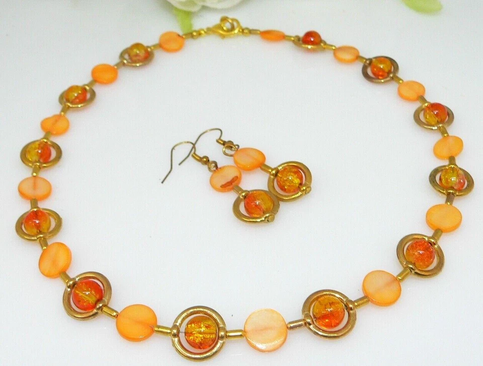 Schmuckset Kette Ohrring Perlmutt Muschel Glas Perle crash Orange gold 297f - Bild 1 von 4