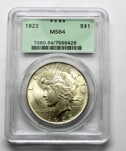 Dólar de plata Peace 1923 graduación profesional MS64 (OGH) soporte verde antiguo, gran brillo - Imagen 1 de 2