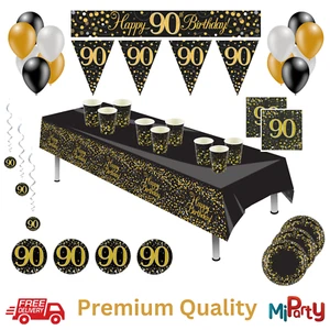 90 Cumpleaños Negro y Oro Brillante Fizz Fiesta Vajilla Vajilla Fiesta Decoraciones - Imagen 1 de 26