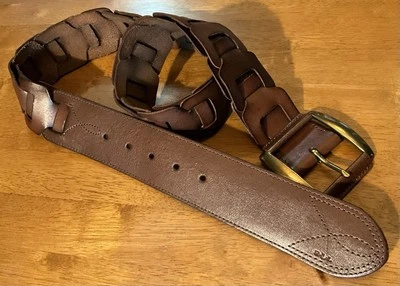 Lauren Ralph Lauren Leather Woven Belt Brass Buckle Whiskey Sz M 2”  Wide Boho - Image 1 of 4