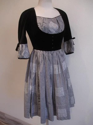 Women's S XS Vtg 1960's Miss Trude Jr Black White Gingham Velvet Prairie Dress - Image 1 of 4