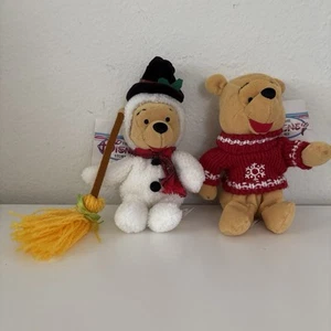 Disney Store Winnie the Pooh Snowman Pooh Snowflake Sweater Plush Bean Bag Lot - Picture 1 of 10