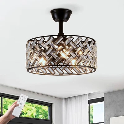 18'' Caged Crystal Ceiling Fan with LED Light Modern Flush Mount Remote Control - Image 1 of 4