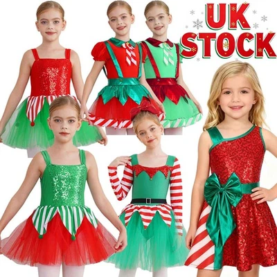 UK Kids Girls Xmas Sequin Dance Leotard Tutu Dress Christmas Elf Cosplay Costume - Image 1 of 4