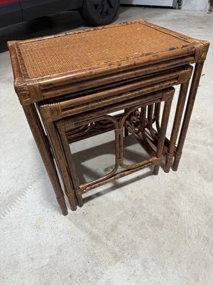 Vintage Tiger Bamboo Rattan Nesting Tables Mid Century Modern MCM Set of 3 - Image 1 of 4