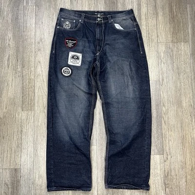 Jeans vintage Enyce denim escuro desbotado perna larga folgado 38x33 anos 90 Y2K hip hop skatista - Imagem 1 de 4