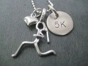 GIRLS LOVE TO RUN 5K Sterling Silver Running Necklace on 18 inch Sterling Chain - Picture 1 of 5