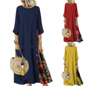 Womens Printed Half Sleeve Kaftan Long Maxi Dress Baggy Casual Outwear Sundress - Picture 1 of 27
