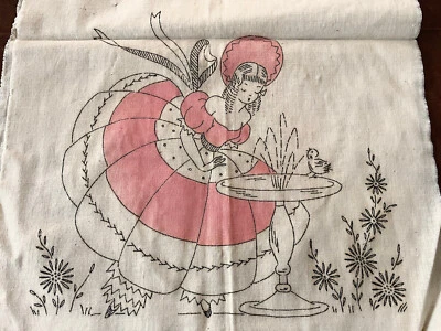 VTG Tinted Stamped Embroidery Southern Belle Girl Bluebird Table Runner Scarf - Image 1 of 4