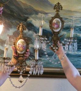 Paar Wandleuchter Messing Porzellan Limoges Französisch Spanien Kristall Prisma Viktorianisches Paar - Bild 1 von 12