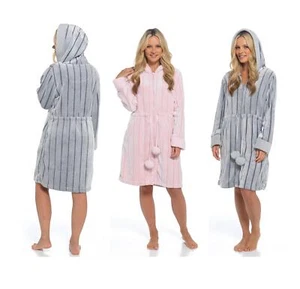 Womens Stripe Zip Through Hooded Fleece Gown Dressing Gown Bath Robe Loungewear - Picture 1 of 15