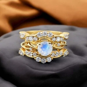 925 Sterling Silver 5 mm Round Shape Natural Rainbow Moonstone Enhancer Ring Set - Picture 1 of 7