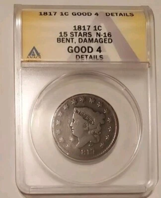 Hard To Find 15 Stars 1817 CORONET HEAD LARGE CENT Anacs G4 Dtls Rotated Reverse - Image 1 of 4