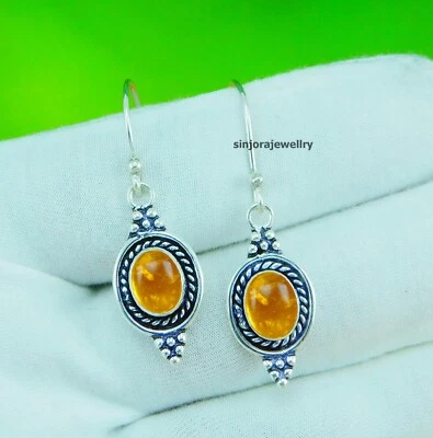 Amber Gemstone 925 sterling silver handmade Dangle/Drop Earrings 1.25" - Image 1 of 4