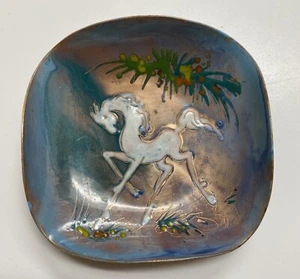 MCM Enamel On Copper Blue with White Horse Dancing Trinket Tray - Picture 1 of 11