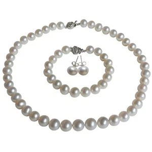 Long 30" Inch ROUND 8-9mm White Pearl Necklace Bracelet Earrings SET Cultured - Picture 1 of 8