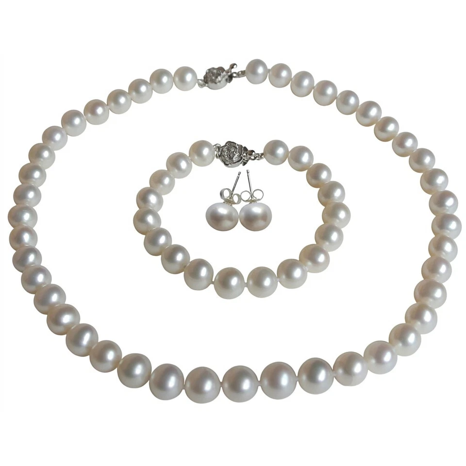 Conjunto de pendientes pulsera collar perlas blancas redondas de 8-9 mm de 30 pulgadas largos cultivados Foto 1 de 4