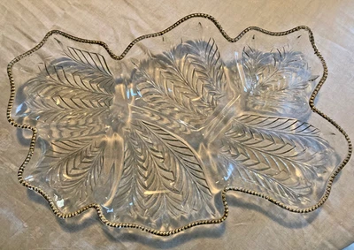 Vtg. Jeannette Feather Leaf Shaped Glass Relish Tray Gold Trim 17"x10" 6 section - Image 1 of 4
