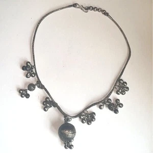 Vintage Silver Choker Necklace Dangling Woven Chain Tribal Ethnic Jewelry - Picture 1 of 12