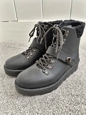 Coach Womens Boots Size 7 Black Faux Leather Lace Up Buckle Fur Top Floral Liner - Image 1 of 4