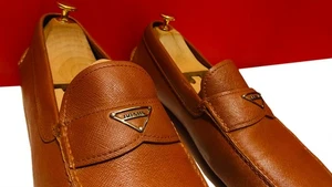 $889.00 !! PRADA MEN'S LUXURY BROWN LEATHER LOAFERS SHOES MARKED UK SIZE 9.5 - Picture 1 of 18