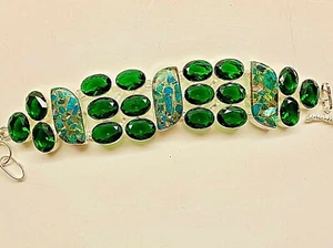 Bracciale Sfaccettato Cromo Naturale Diopside e Crisocolla Pietre Preziose Fatte a Mano - Foto 1 di 4