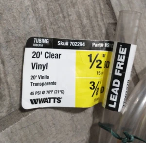 12' Long Watts Clear Vinyl Tubing 1/2" OD, 3/8" ID - Picture 1 of 3