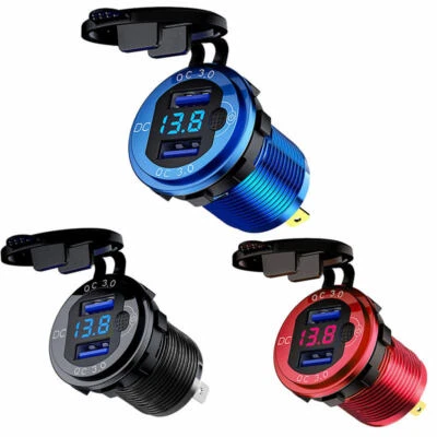 12V-24V QC 3.0 Car Dual USB Charger Quick Charge Socket Power Outlet + Voltmeter - Image 1 of 4
