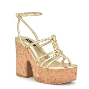 New Nine West Olander3 Sandals Shoes Cork Platform Heels Gold Size 10 M NIB - Picture 1 of 6