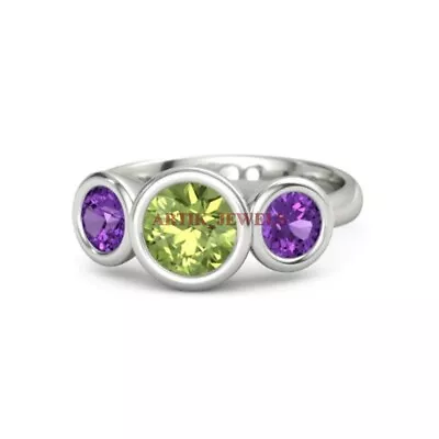 Natural Peridot & Amethyst Gemstone with 925 Sterling Silver Women's Ring #4444 - Image 1 of 4