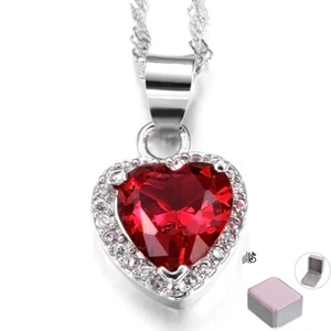Women 925 Sterling Silver Heart Ruby Simulated Pendant Necklace Gift with Box - Picture 1 of 7