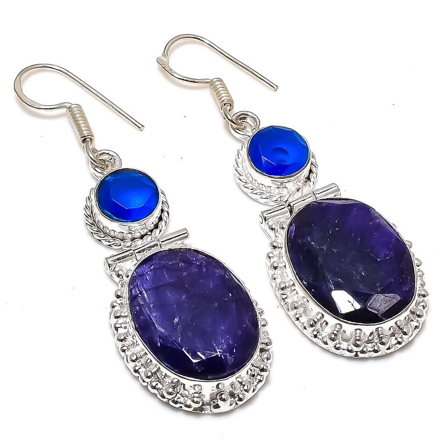 Pendientes colgantes enchapados en plata con piedras preciosas de calcedonia de zafiro azul joyería 2" Foto 1 de 1