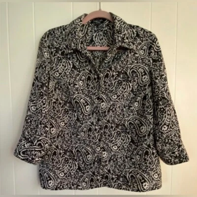 Blusa Elementz Feminina Grande Preta Branca Paisley Botão para Cima Escritório Casual - Imagem 1 de 4