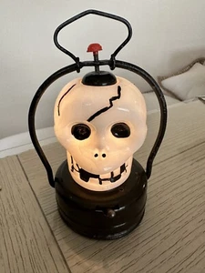 Vintage Halloween Skull Skeleton Light Up Lantern Milk Glass Tin Hong Kong Lamp - Picture 1 of 10