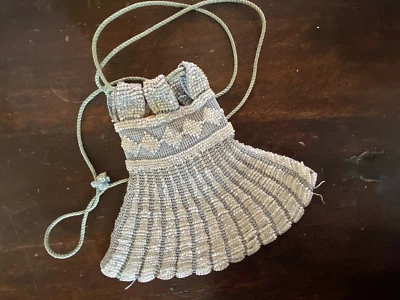Antique Art Deco Blue Gray Bead Fan Lined Drawstring Flapper Purse - Image 1 of 4