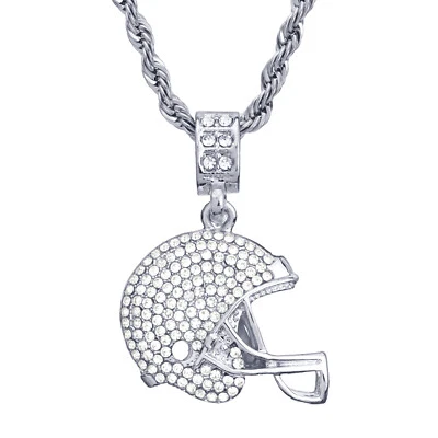 Silver Plated Iced Out Football Helmet Pendant 20" Rope Chain Necklace HC 1049 S - Image 1 of 4