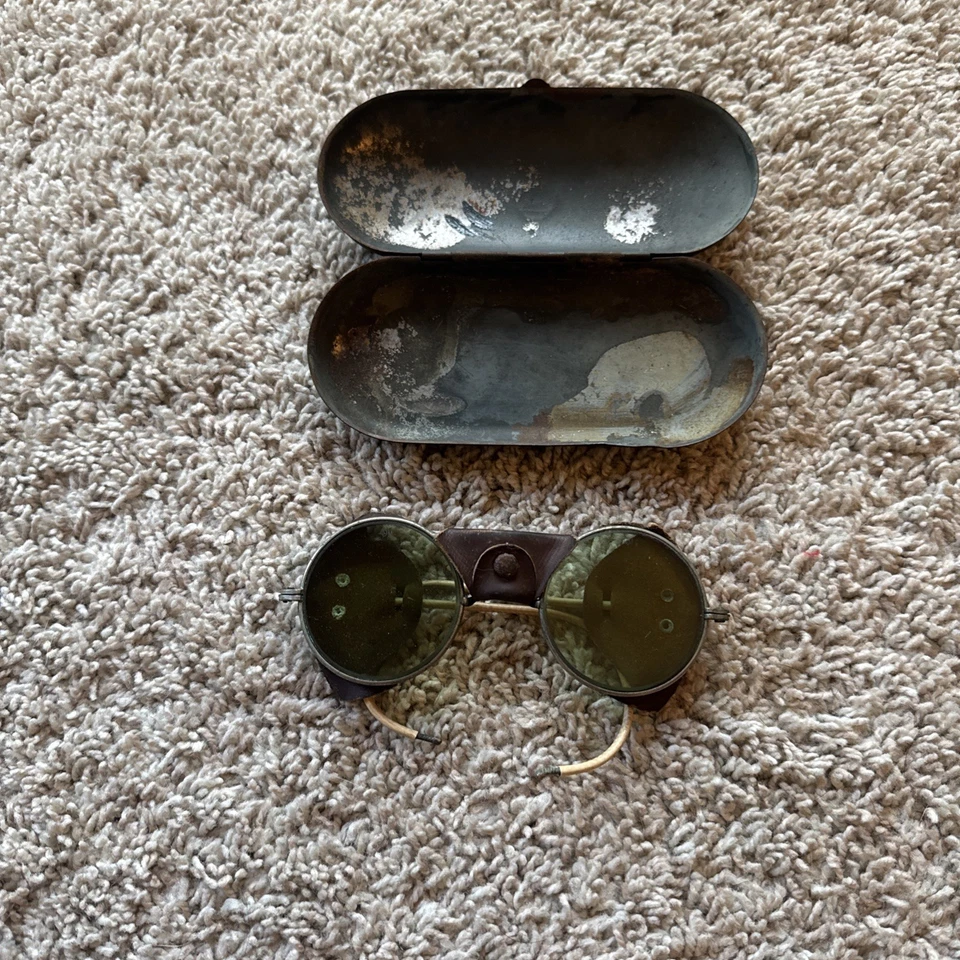 Vintage American Optical Green Glass Safety Goggles with Leather Guards & Case - Image 1 of 4