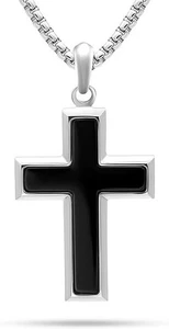 RTZN Collar Cruz Ónix Negro para Hombres Etiqueta de Perro Colgante Caja Inoxidable Cadena 22"+2 - Imagen 1 de 9